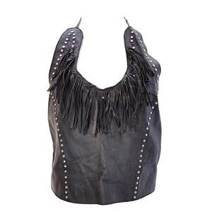 USA Bikers Dream Apparel Studded Fringe Halter Tie Top Black Leather Womens L